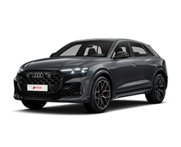 Ein schwarzer Audi RS Q8 SUV steht frei vor einem weißen Hintergrund